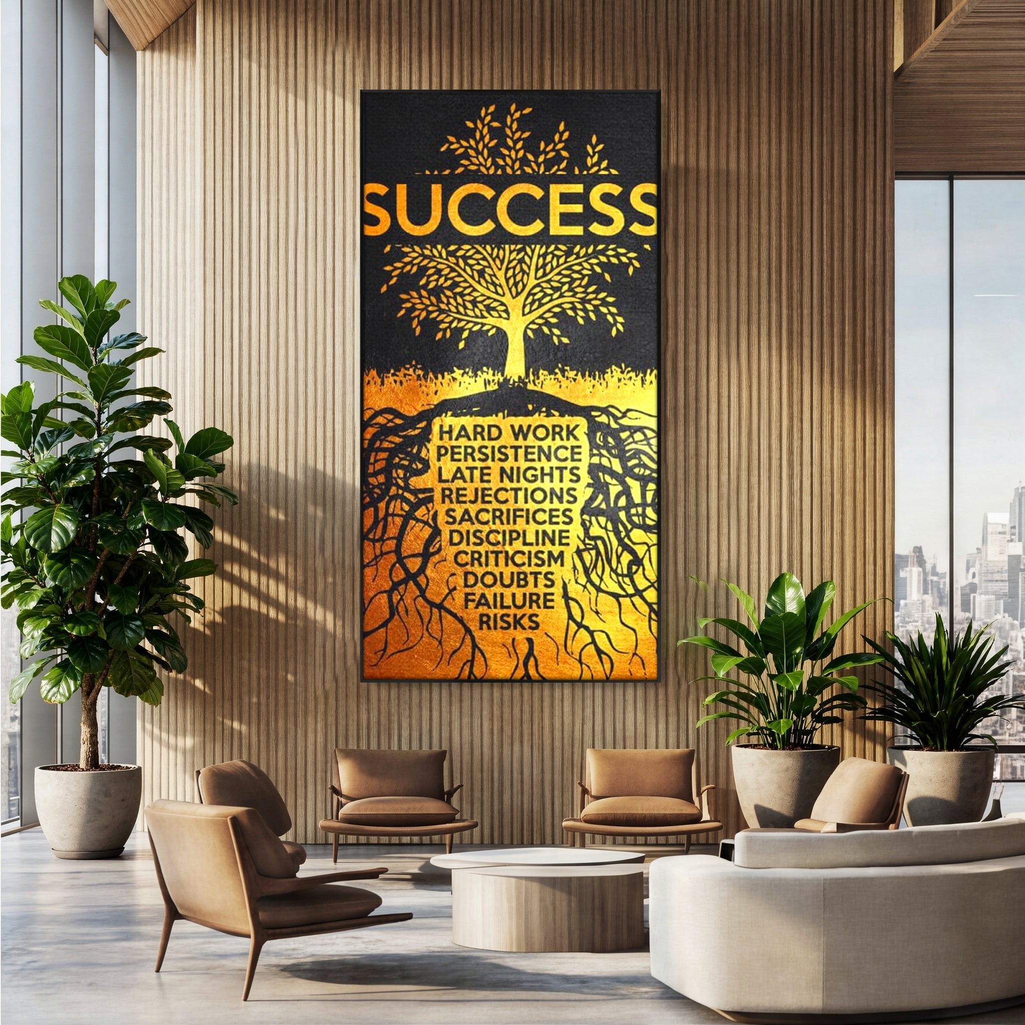 Tablou canvas cu tablou motivational cu arborele succesului, in rama de aluminiu negru, pe perete intr-un birou
